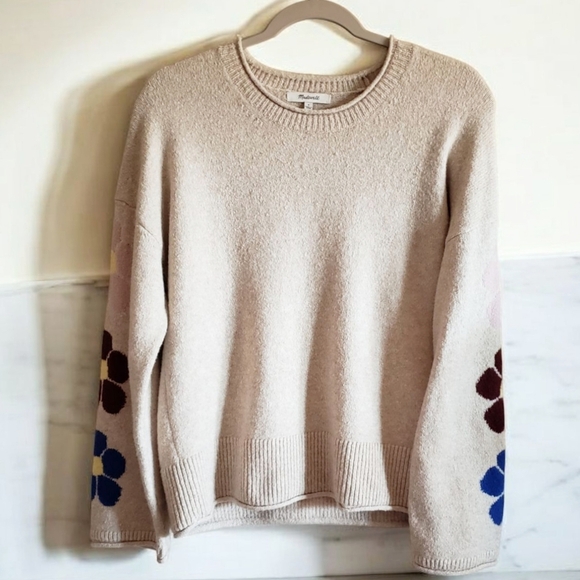 Madewell Sweater Belmore Womens S Oatmeal Tan Floral Cropped Wool Boho Pullover - Picture 1 of 11